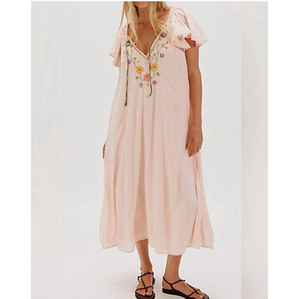NWT Free People Savannah Rose Midi Dress Size XS Pink Embroidered Boho $248